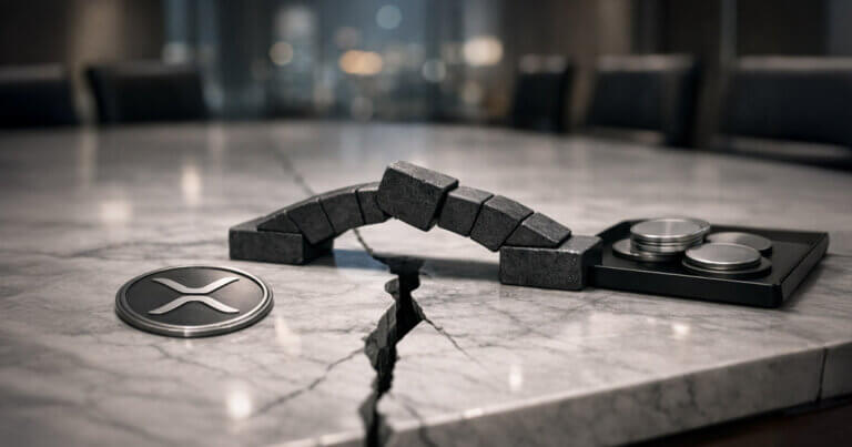 XRP Ledger token beside a cracked marble table bridged by blocks toward trading weights, symbolizing XRPL’s proposed Hyperliquid-like sidechain for the $40 billion options market and a pivotal design decision