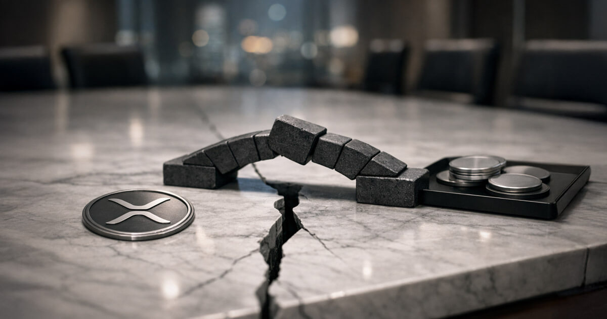 XRP Ledger token beside a cracked marble table bridged by blocks toward trading weights, symbolizing XRPL’s proposed Hyperliquid-like sidechain for the $40 billion options market and a pivotal design decision