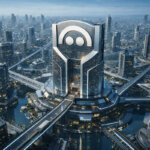 Futuristic city hub centered on an Aave-branded tower with connected networks, symbolizing its $25 billion dominance shaped by vision and contributors