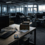 Empty office with idle computers and packed boxes, reflecting crypto apps shutting down as capital shifts to Bitcoin ETFs and stablecoins