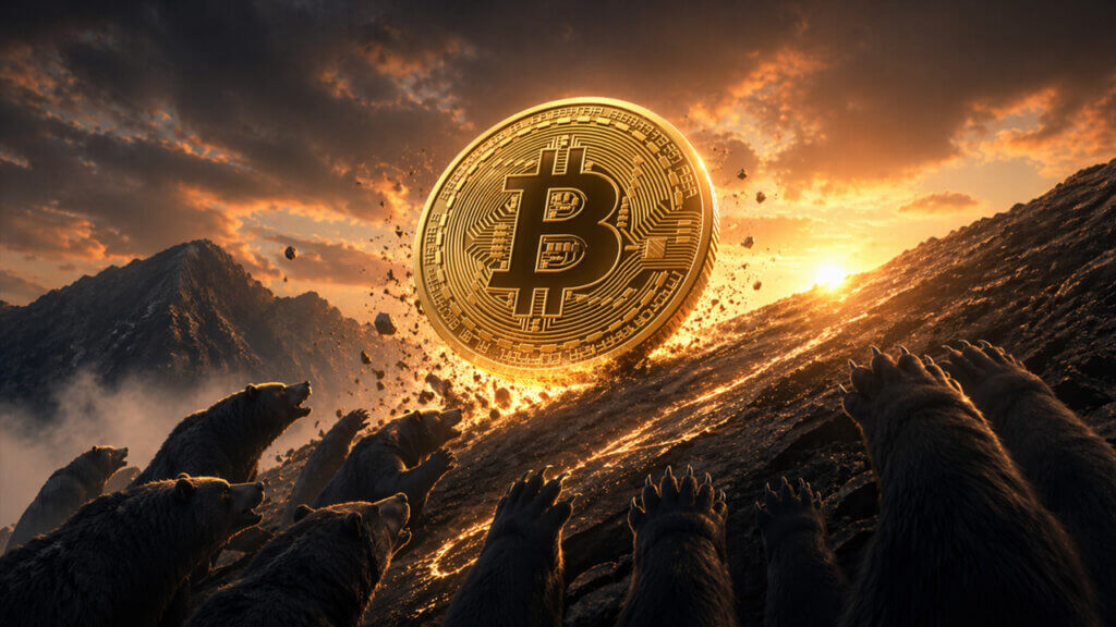 Bitcoin coin surging uphill past reaching bears at sunset, symbolizing Bitcoin’s move toward $80,000 as bearish bets keep failing