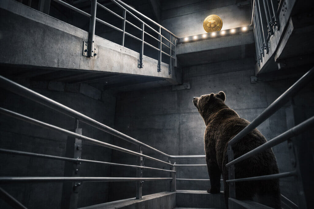 Bear looking up at a bitcoin above a concrete stairwell, symbolizing a rally that remains a bear market bounce until a key level is reclaimed