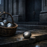 Basket of Bitcoin-themed eggs on a rainy city sidewalk outside a closed financial building, reflecting markets paused for the weekend ahead of a key jobs report