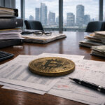 Bitcoin coin on financial documents and cash stacks in an office, reflecting long-term holders selling as debt and liquidity pressures increase
