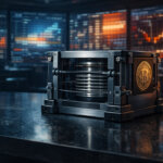 Mechanical Bitcoin device on a trading desk before glowing market screens, symbolizing Bitcoin bracing for an options-driven volatility reset as war, oil and Fed risks build