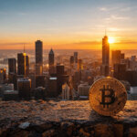 Bitcoin coin overlooking a city skyline at sunrise, reflecting a fragile rally above $70,000 driven by Iran deal hopes amid geopolitical tension