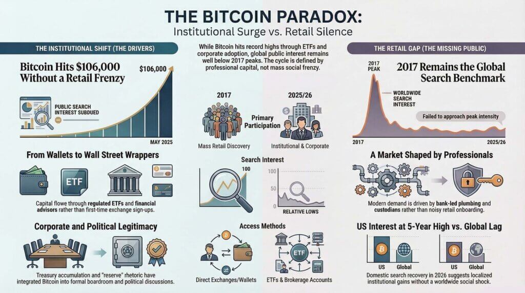 Infographic showing Bitcoin’s rise to $106K driven by institutional adoption while retail interest and global search trends remain below 2017 levels, highlighting a gap between price growth and public engagement