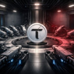 Cracked Bittensor coin surrounded by idle robotic arms in a dark lab, symbolizing sharp market losses and disruption after a key AI developer exit
