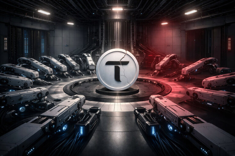 Cracked Bittensor coin surrounded by idle robotic arms in a dark lab, symbolizing sharp market losses and disruption after a key AI developer exit