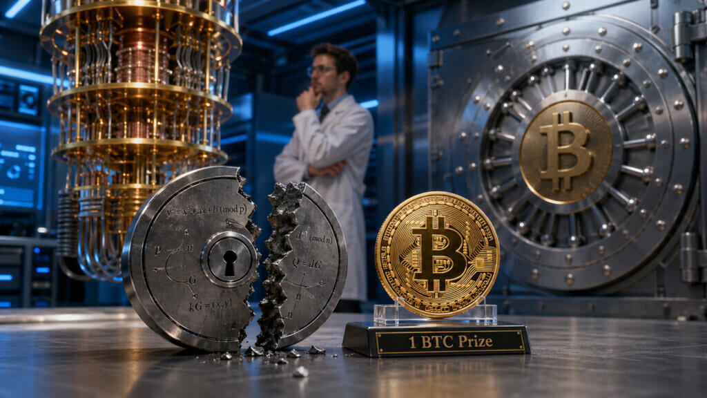 Quantum computer and cracked cryptography lock sit beside a secured Bitcoin vault, illustrating exaggerated fears about Bitcoin’s math risk