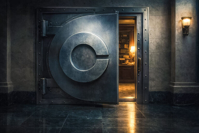 Massive vault door marked with a C opening into a secure room, symbolizing Washington choosing which crypto firms will control custody at the national level