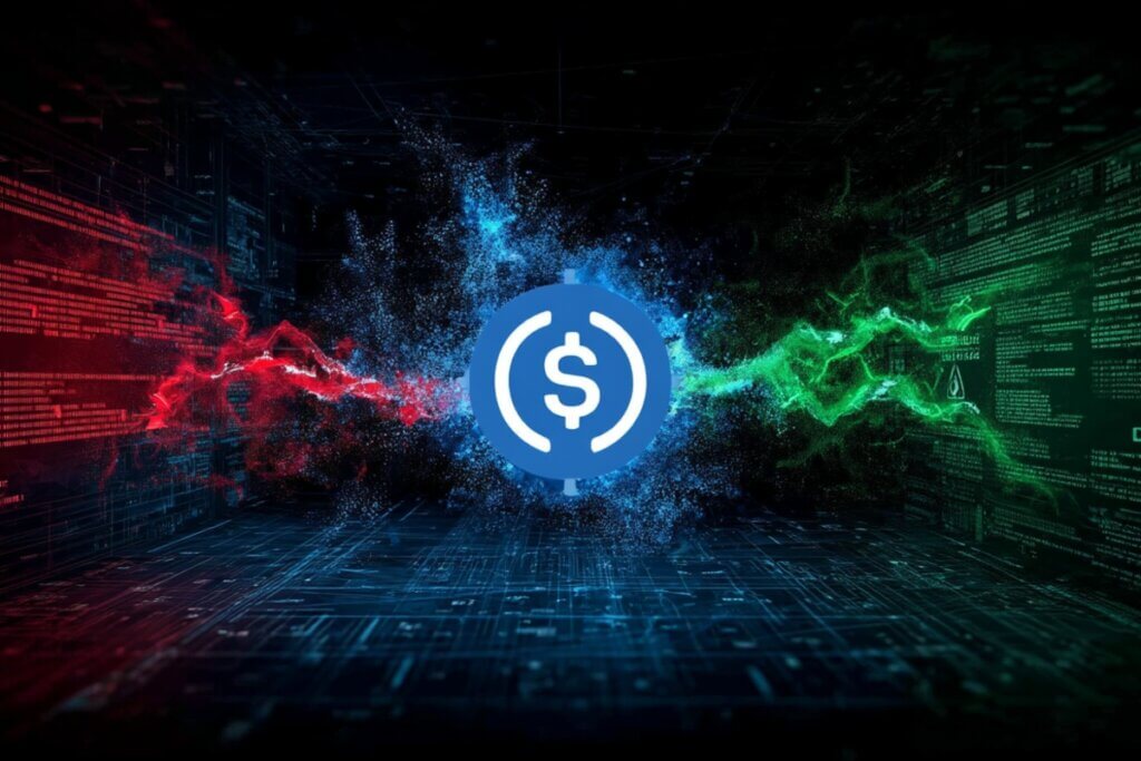 USDC symbol amid digital code streams splitting red and green, illustrating Circle’s wallet freeze powers under scrutiny after blocked accounts and delayed response