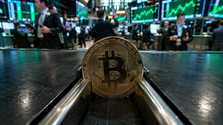 Bitcoin coin stuck in a narrow trading track on a busy exchange floor as green stock screens rally behind it, reflecting Bitcoin weakness during the S&P 500 melt-up