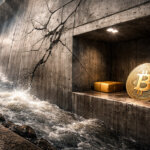 Bitcoin stored in a concrete shelter as floodwaters surge outside, symbolizing capital protection during macro stress tied to Ray Dalio’s money thesis