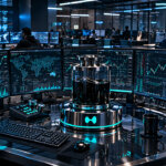 Hyperliquid-style trading terminal with a dark oil-filled vessel surrounded by market screens, reflecting crypto traders piling into weekend oil bets over Strait of Hormuz closure fears