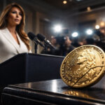Melania Trump speaking at a podium with a cracked Melania crypto token in the foreground, symbolizing failed market recovery after her statement