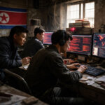 Hackers monitoring code and network activity on multiple screens, reflecting internal security threats emerging after the Drift exploit on Solana