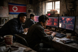 Hackers monitoring code and network activity on multiple screens, reflecting internal security threats emerging after the Drift exploit on Solana