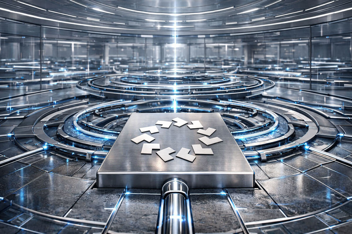 Futuristic AI computing hub with a central processing core and data rings, representing OpenServ’s claim of outperforming OpenAI in benchmark tests