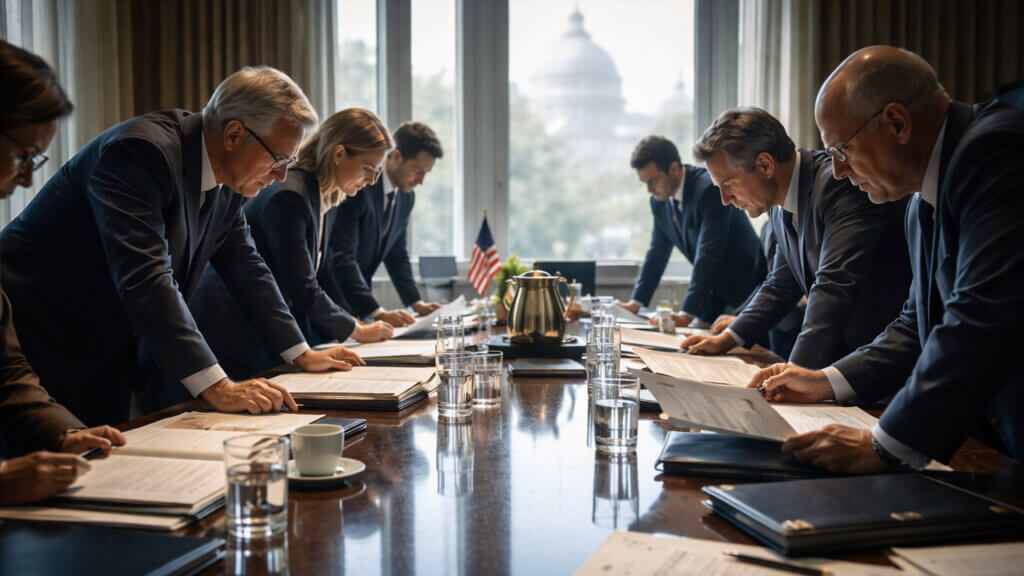 Bank and policy officials reviewing documents in a Washington boardroom with the Capitol in view, reflecting a coordinated campaign to block the Clarity Act in the Senate