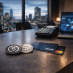 Stablecoin tokens beside Visa and Mastercard cards on a payment desk, illustrating coexistence rather than direct competition in modern payment systems