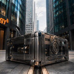 Heavy Bitcoin vault case set on a track outside Strategy’s headquarters in a Wall Street-style plaza, symbolizing Strategy’s STRC potentially pushing its Bitcoin holdings past BlackRock’s IBIT