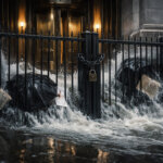 Floodwaters pushing against a locked bank entrance with documents and umbrellas caught in the current, symbolizing pressure on legacy payment systems as FedNow challenges XRP’s role