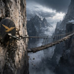 WLFI token anchoring a fragile cliffside bridge over a deep canyon, symbolizing a risky lending model where lenders bear the cost of failure