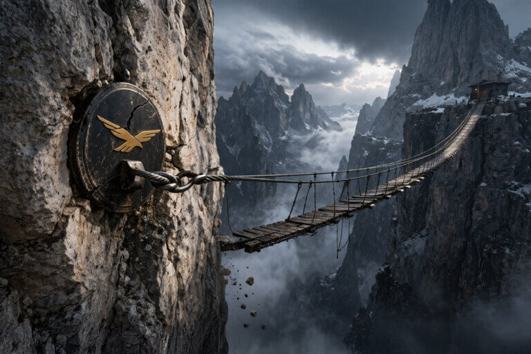 WLFI token anchoring a fragile cliffside bridge over a deep canyon, symbolizing a risky lending model where lenders bear the cost of failure