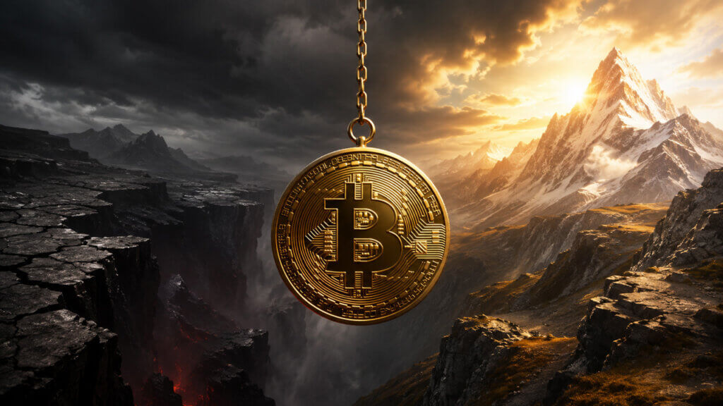 Bitcoin suspended between a dark market abyss and a sunlit mountain peak, symbolizing the transition from bear market lows toward a potential new all-time high above $126,000