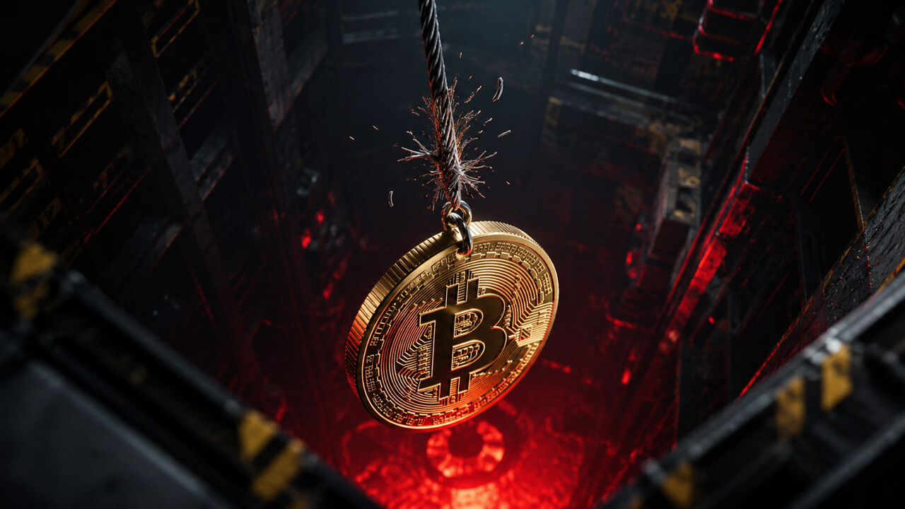 Bitcoin hanging above a glowing liquidation pit as traders face a $1 billion leverage wipeout after inflation pushes BTC below $80,000