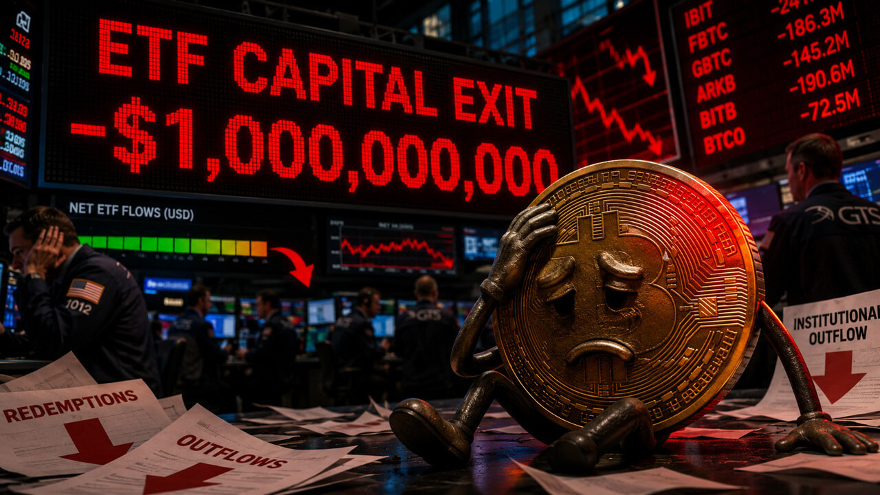 Bitcoin ETF capital outflow graphic showing $1 billion in exits as markets react to inflation fears