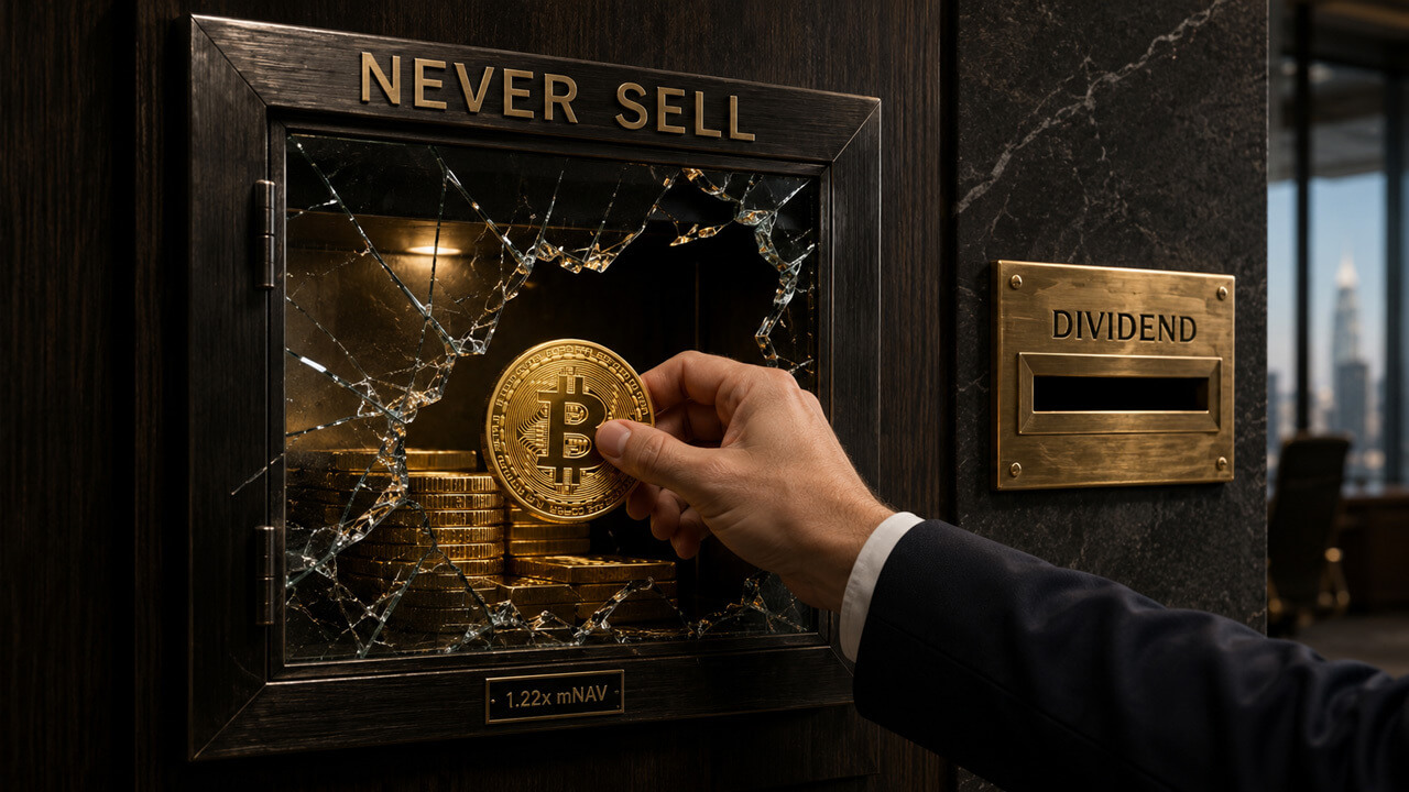 Hand removing a Bitcoin coin from a cracked vault labeled never sell, symbolizing growing pressure on the Bitcoin treasury strategy and weakening market confidence