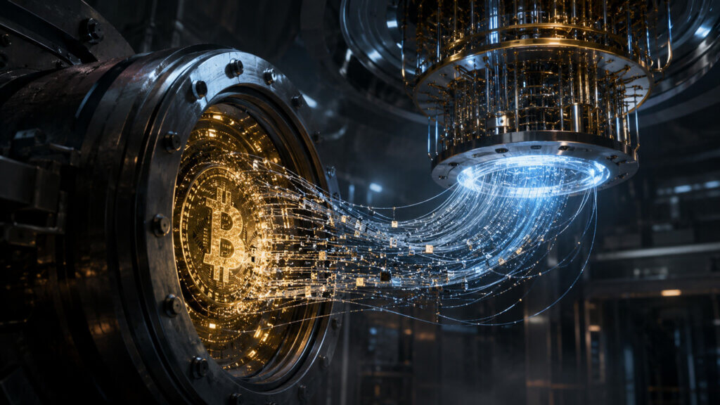 Illustration of Bitcoin data flowing through a futuristic quantum computing system as concerns grow over exchange wallet security and post-quantum crypto risks