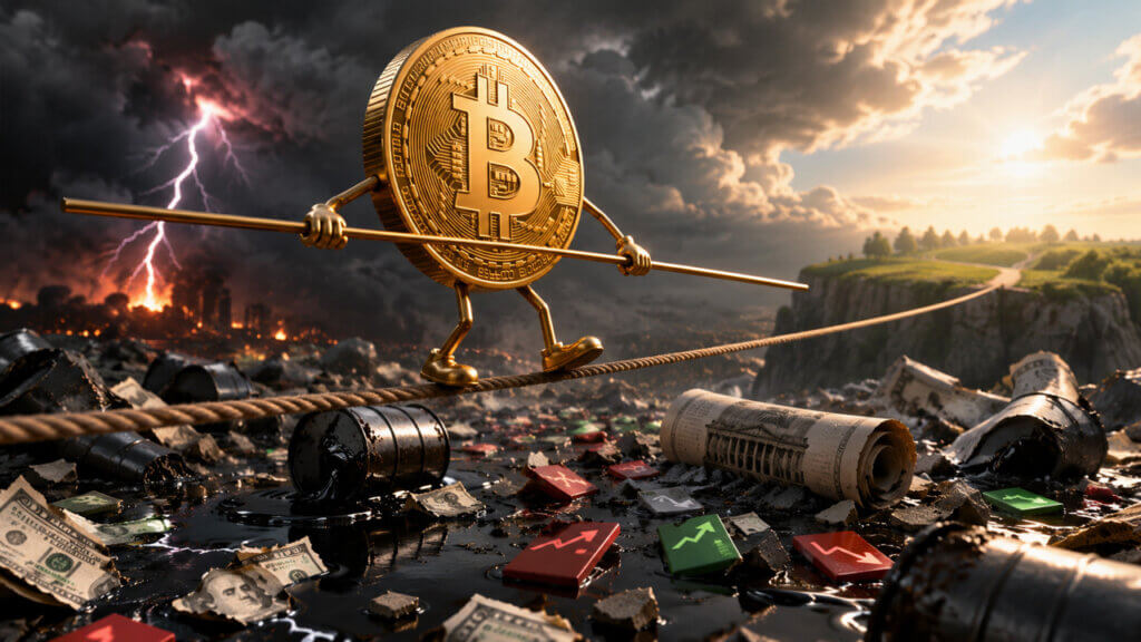 Bitcoin balancing on a tightrope above geopolitical chaos and volatile markets as traders watch for a potential move toward $100,000