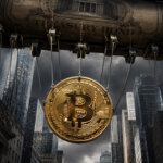 Bitcoin suspended beneath a massive Treasury bond over Wall Street as rising US yields challenge the cryptocurrency’s hard-money narrative