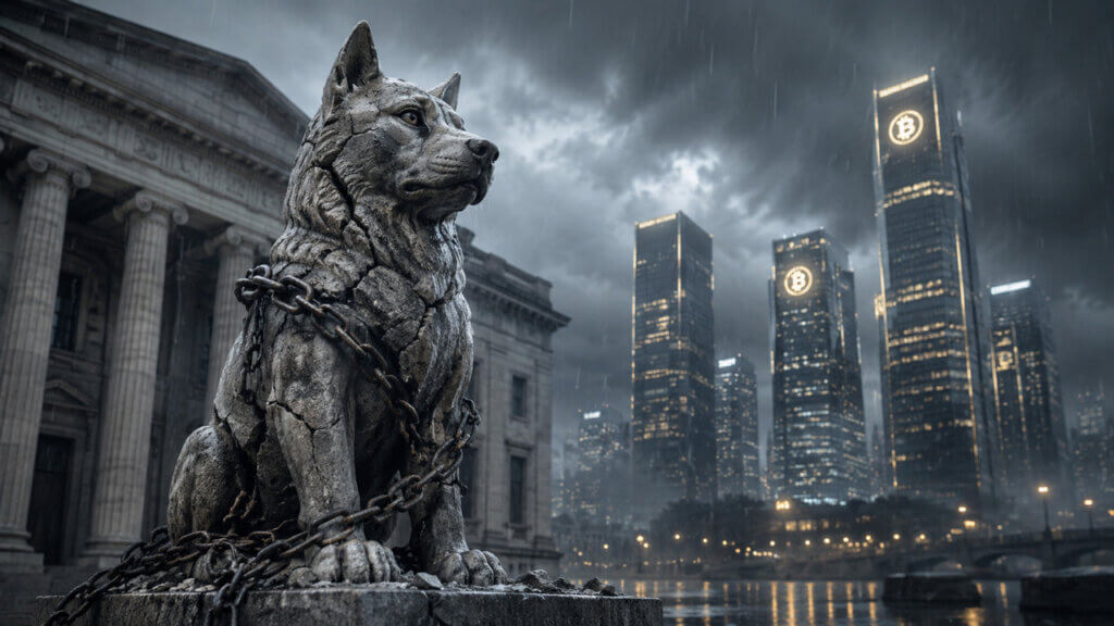 Chained wolf statue outside a regulatory building with Bitcoin-branded skyline reflecting debate over expanded CFTC crypto oversight and industry scrutiny of regulators