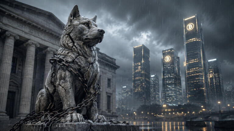 Chained wolf statue outside a regulatory building with Bitcoin-branded skyline reflecting debate over expanded CFTC crypto oversight and industry scrutiny of regulators