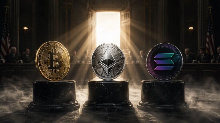 Bitcoin, Ethereum and Solana displayed in a congressional hearing chamber as markets await potential passage of the CLARITY Act