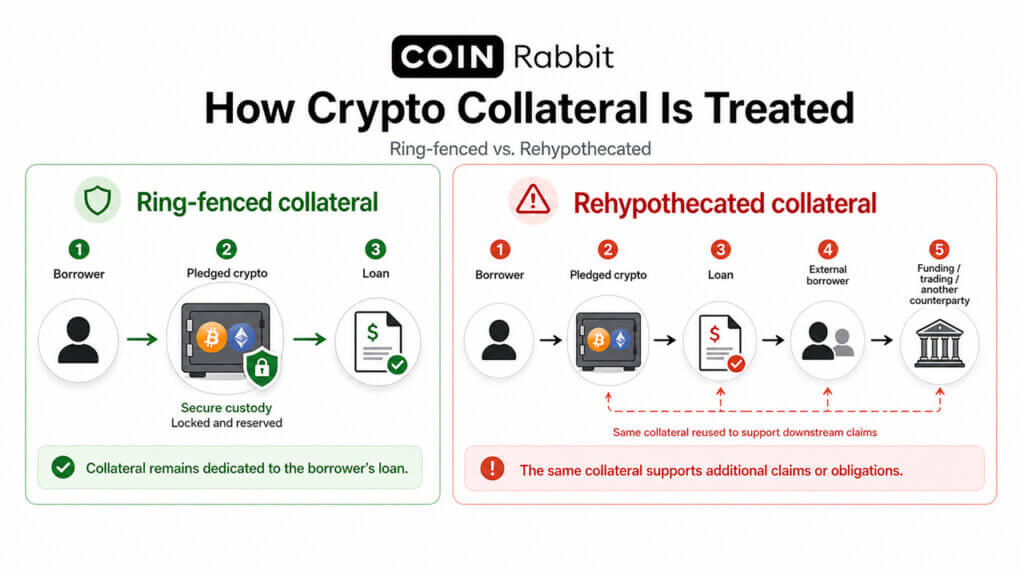 Diagram comparing ring-fenced loan collateral with collateral reused by a lender through downstream counterparties