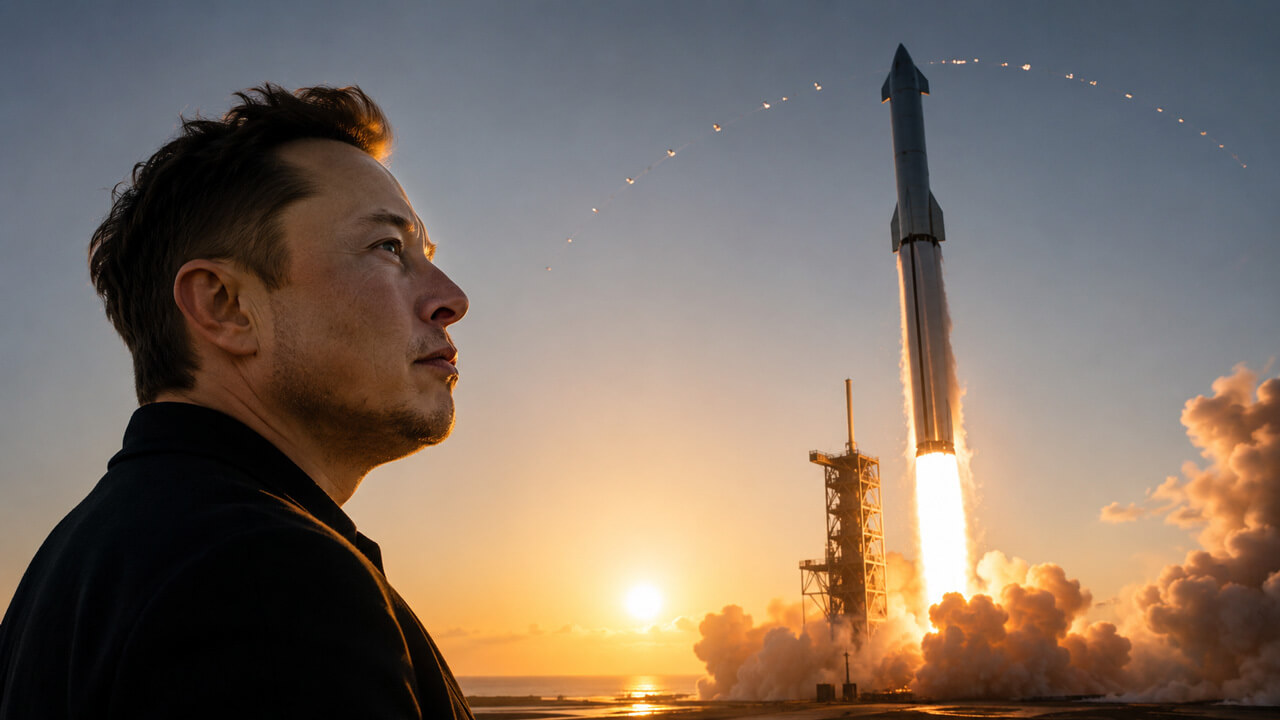 Elon Musk watching a SpaceX rocket launch at sunrise as investors evaluate exposure to Bitcoin, AI infrastructure and digital payment ecosystems