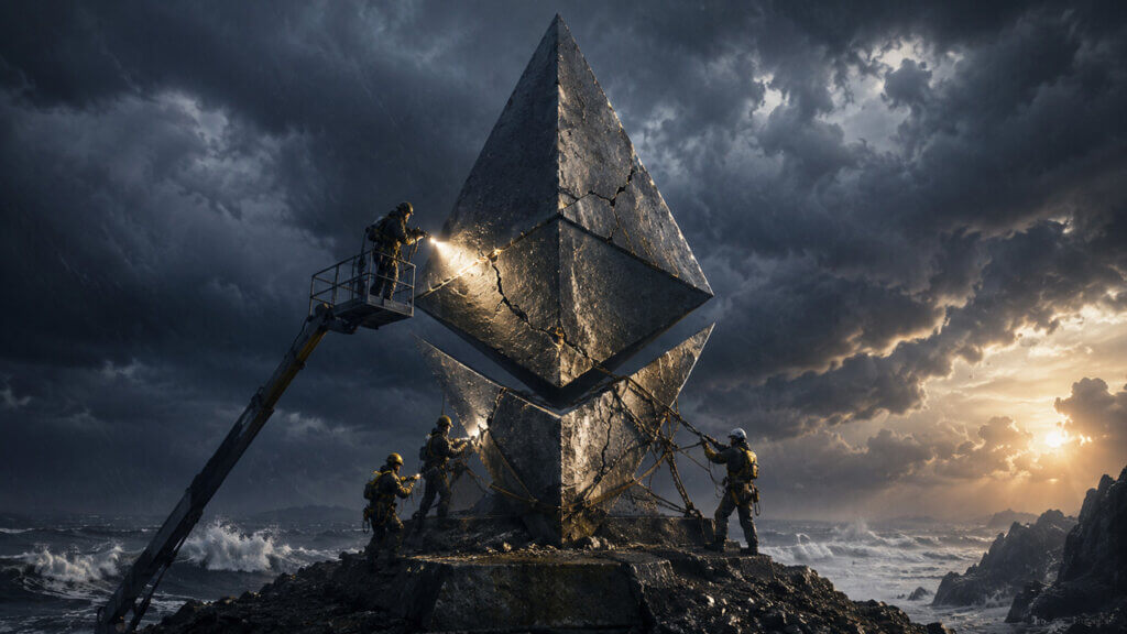 Workers repairing a cracked Ethereum monument during a violent storm as the network faces mounting pressure from selloffs and leadership uncertainty