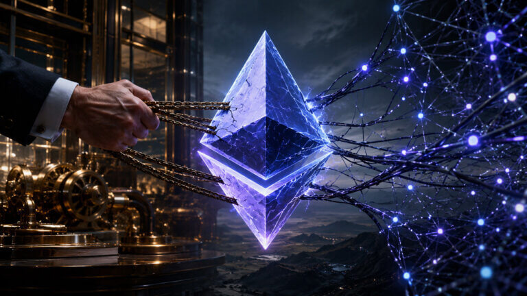 Ethereum governance and execution debate visualized by a glowing ETH symbol pulled between institutional control and decentralized network forces