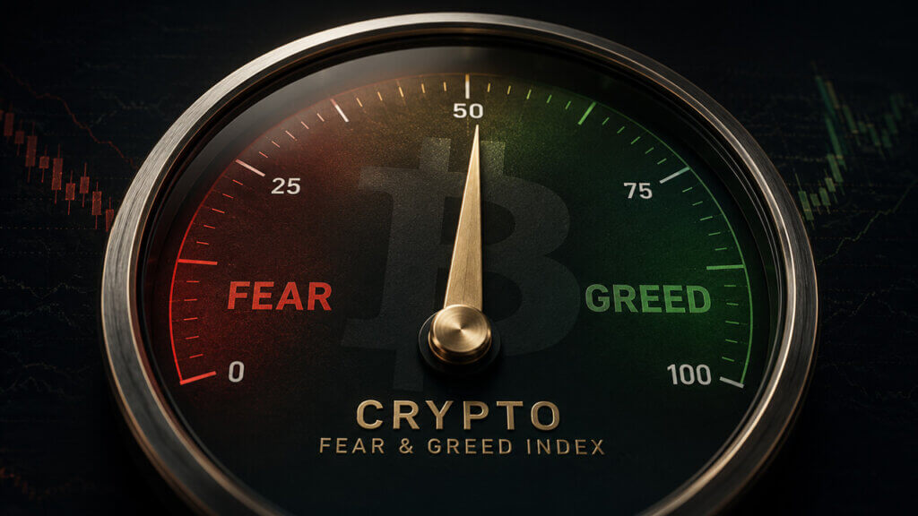 Crypto fear and greed index gauge showing neutral market sentiment for Bitcoin and digital asset traders