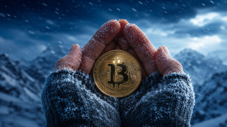 Frozen hands protecting a Bitcoin coin during a crypto winter market downturn and long-term HODL strategy