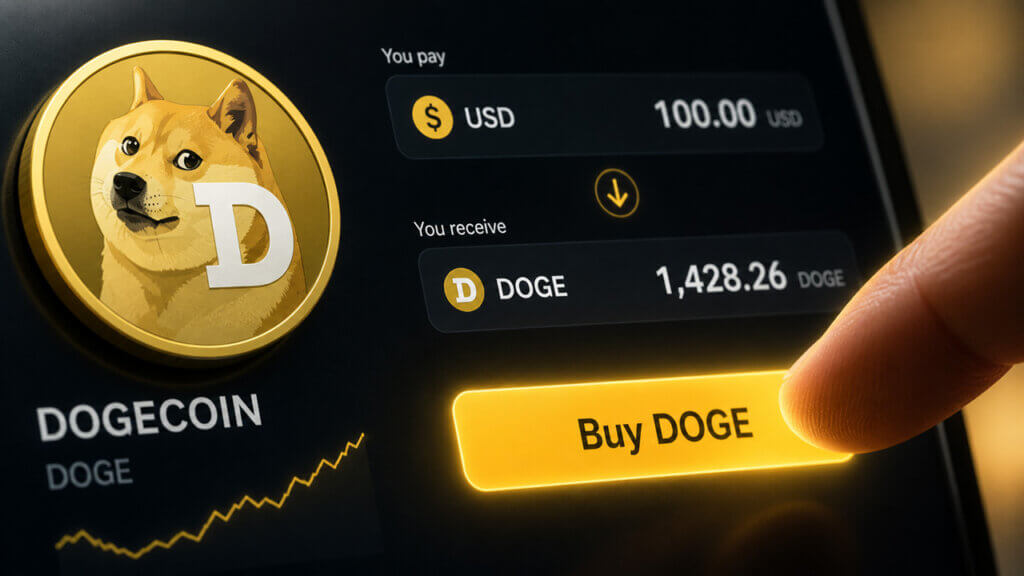 Mobile crypto trading app showing how to buy Dogecoin with USD and convert fiat into DOGE tokens