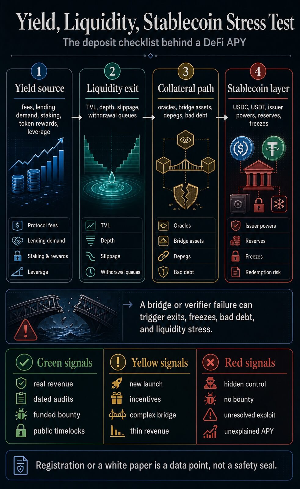 Infographic showing the DeFi Trust Stack 2026 checklist from app interface to incident response