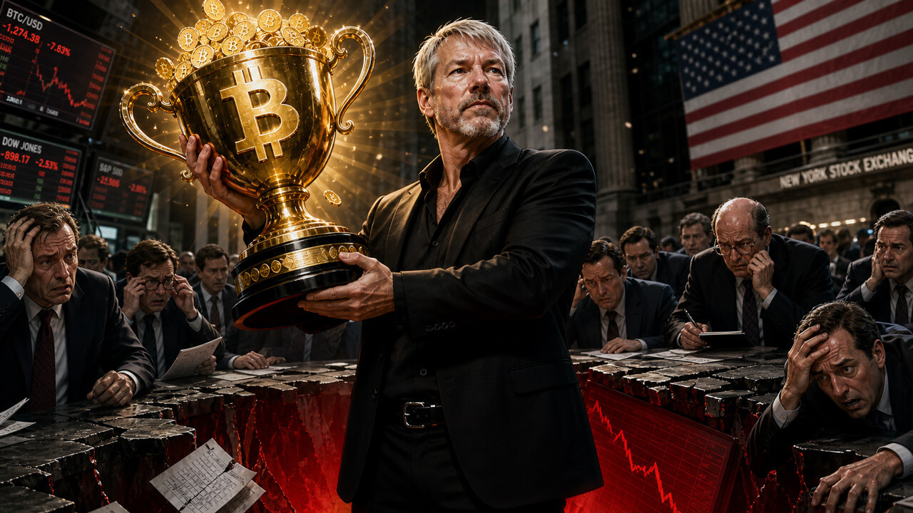 Michael Saylor holding a Bitcoin trophy on Wall Street as traders react to Strategy’s multibillion-dollar quarterly loss and massive Bitcoin gains