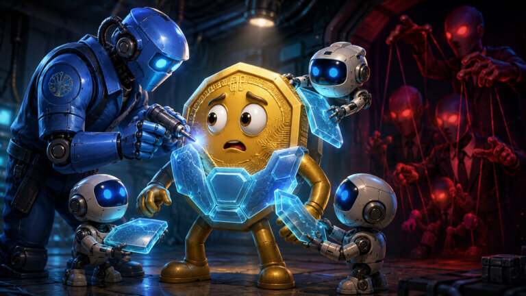 AI security robots protect a vulnerable crypto token from cyber threats and hacker manipulation in a futuristic cybersecurity scene