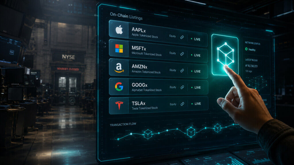 Digital interface displaying tokenized Apple, Microsoft, Amazon and Tesla stock listings inside a blockchain trading environment near the NYSE floor